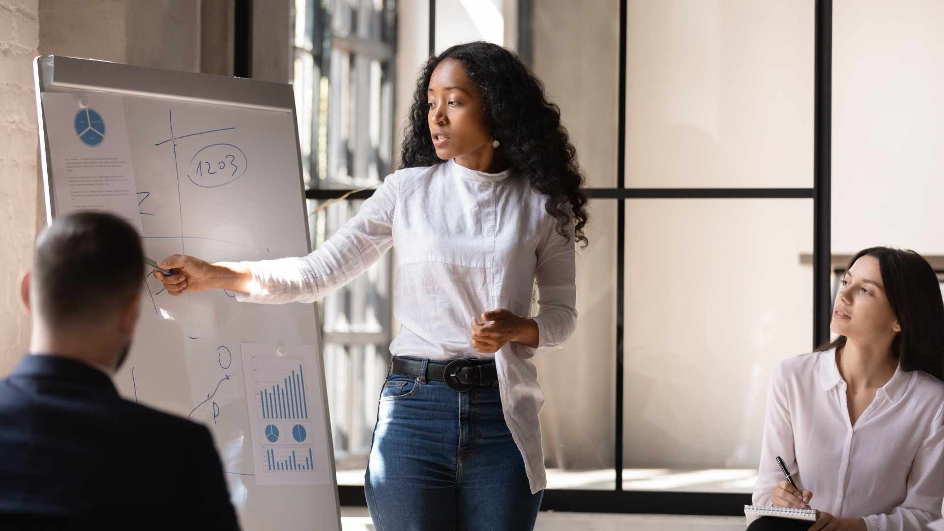 salesperson present project on whiteboard