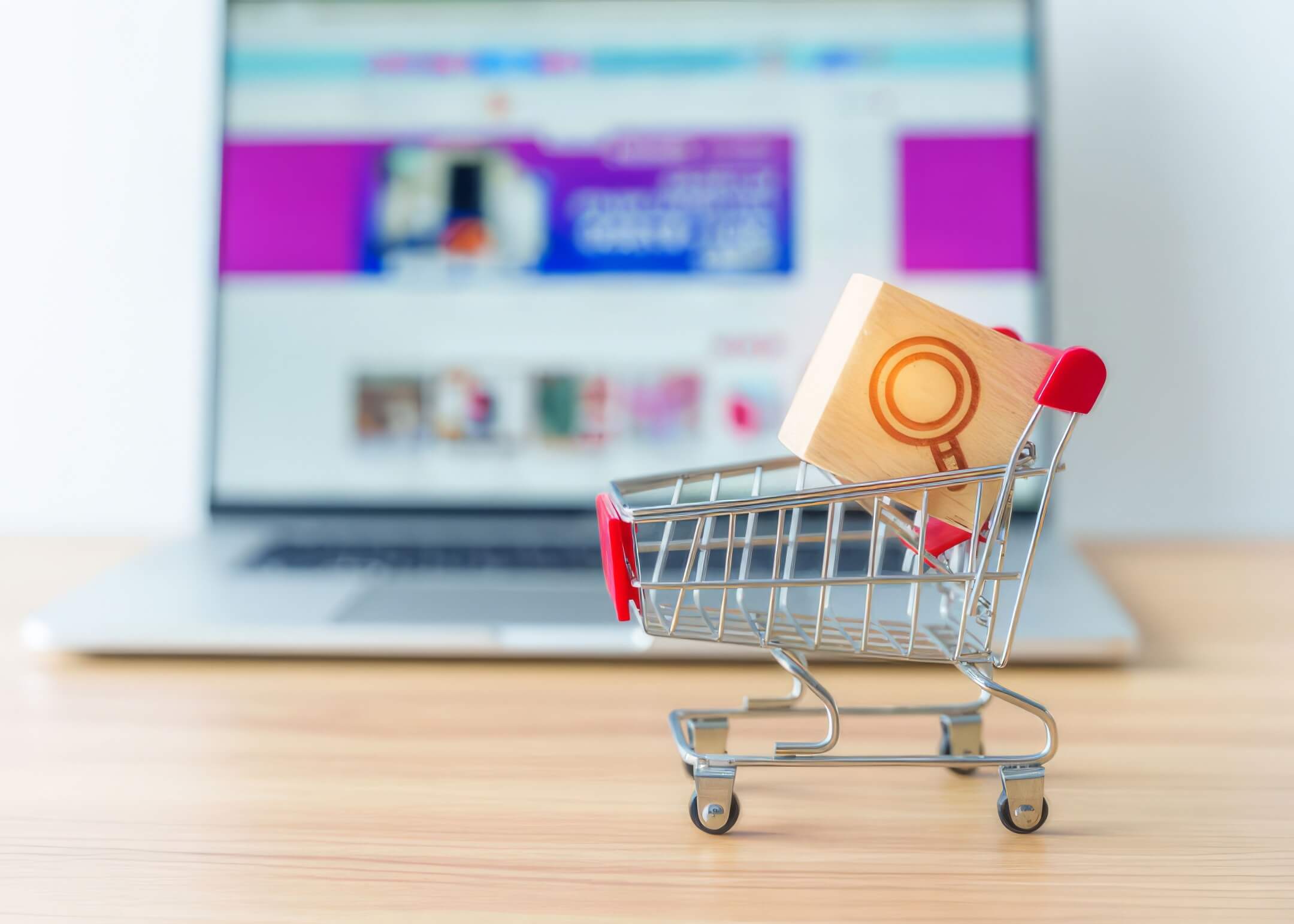 shopping cart with magnifying icon block and laptop with marketplace website