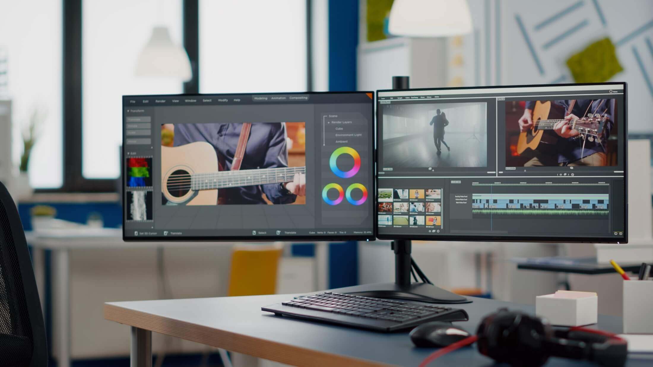 Sleek video editing suite with dual monitors displaying color correction and video timeline, showcasing advanced post-production technology.