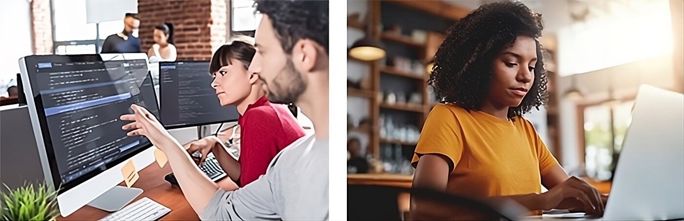 two photos of people working at computers