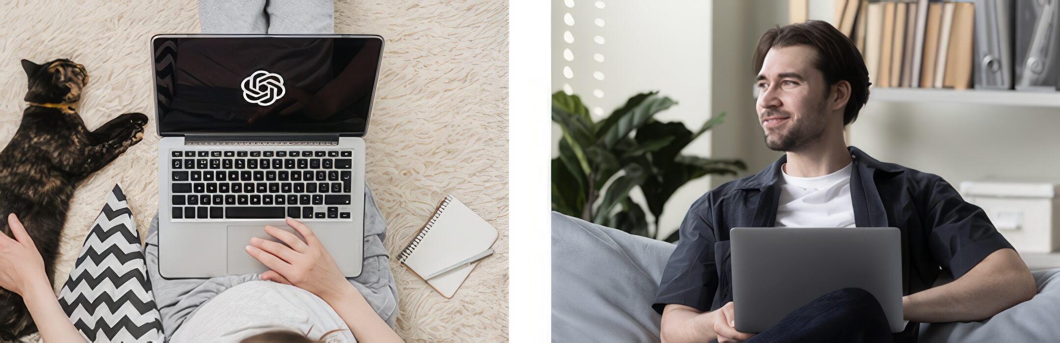 woman using laptop with her cat and man using laptop at office