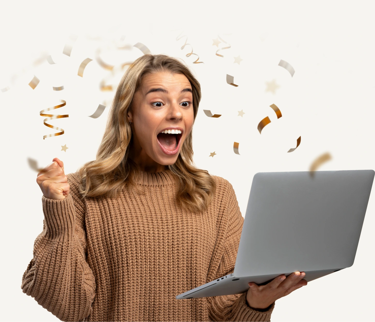 Woman wearing a brown long-sleeve shirt is shocked to see something on the laptop