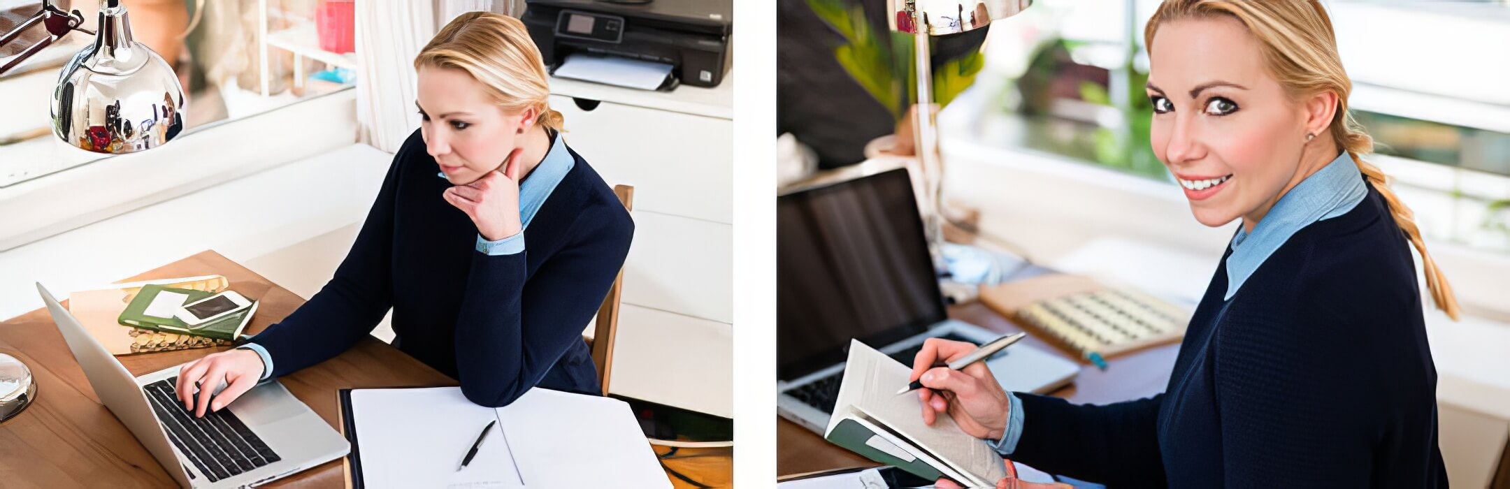 woman at desk writing content