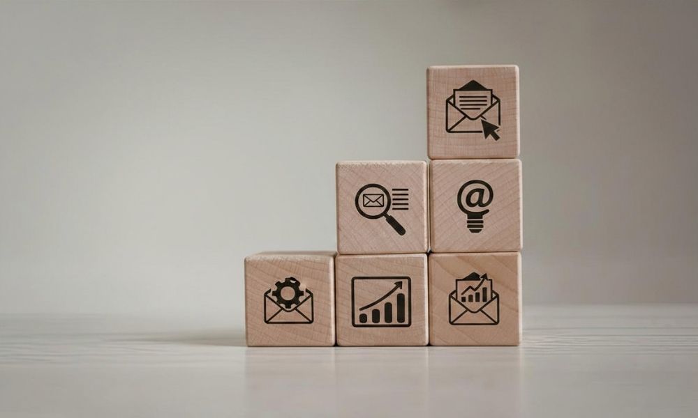 wooden block with email marketing icons