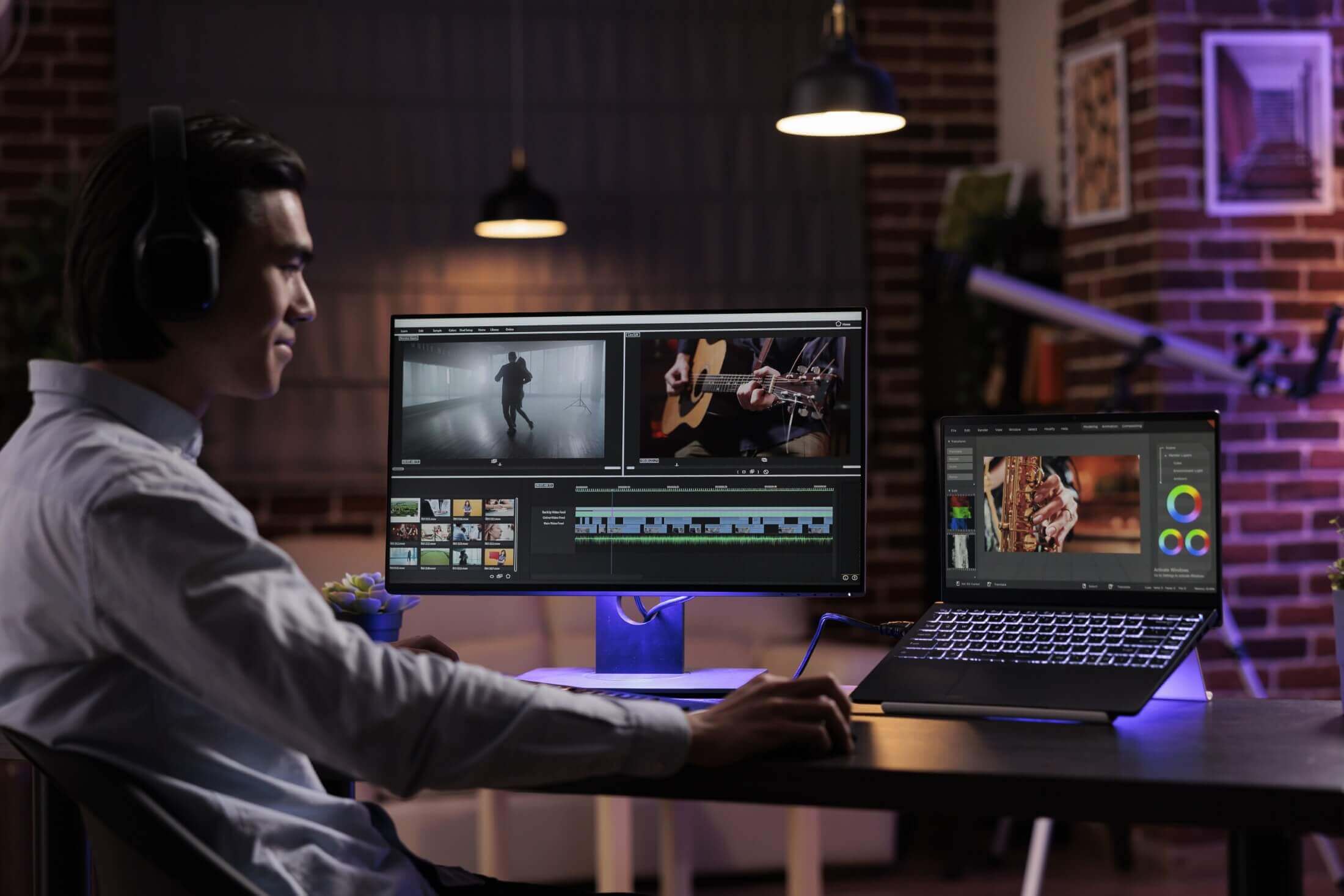 A young videographer with headphones editing footage on multiple computer screens, engaged in a video production project.